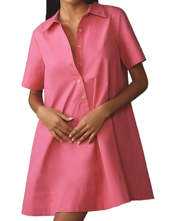Short Sleeve Swing Tunic Mini Dress for Women Button Up Shirt Blouse Short Dress Summer Casual Fl... | Amazon (US)