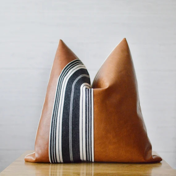 Striped Camel Faux Leather Pillow Cover | Etsy (US)