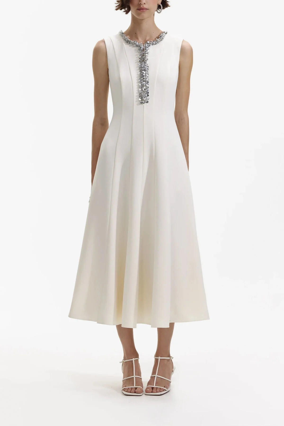 Cream Crepe Embellished Midi Dress - 2 US | Shop Olivia