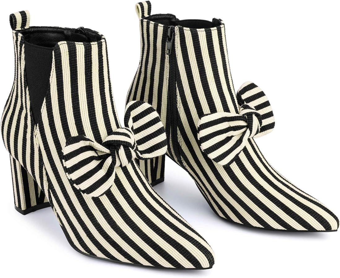 Perphy Bow Stripe Pointed Toe Chunky Heels Ankle Boots for Women | Amazon (US)
