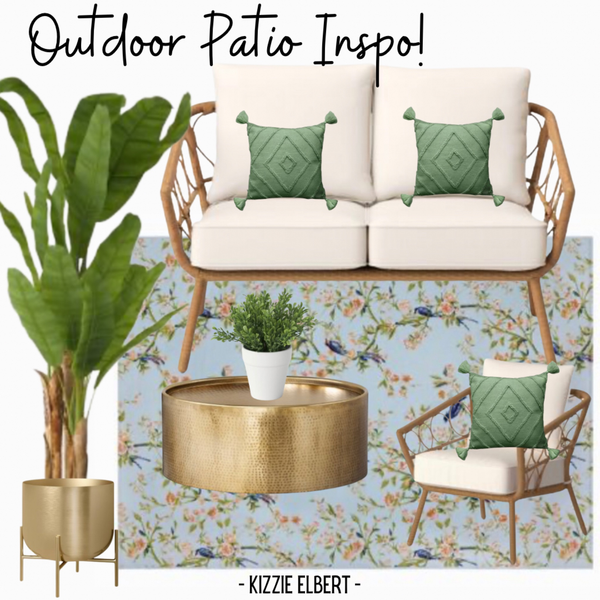 Outdoor patio porch furniture and decor! Faux plants, rattan patio furniture, sage green throw pillows, light blue area rug, gold coffee table! 

#LTKhome #LTKSeasonal
