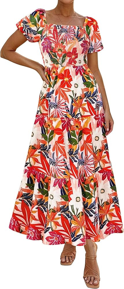 PRETTYGARDEN Womens Summer Puff Short Sleeve Maxi Dress Square Neck Smocked Tiered Ruffle A Line ... | Amazon (US)