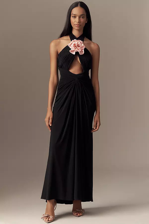 Halter 3D Rosette Jersey Slim Maxi Dress | Anthropologie (US)