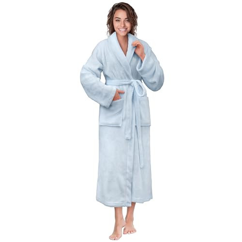 PAVILIA Light Blue Women Robe Fleece Plush Soft, Fluffy Fuzzy Cozy Warm Lightweight Bathrobe, Shower Spa House Long Robe for Women, S/M | Amazon (US)