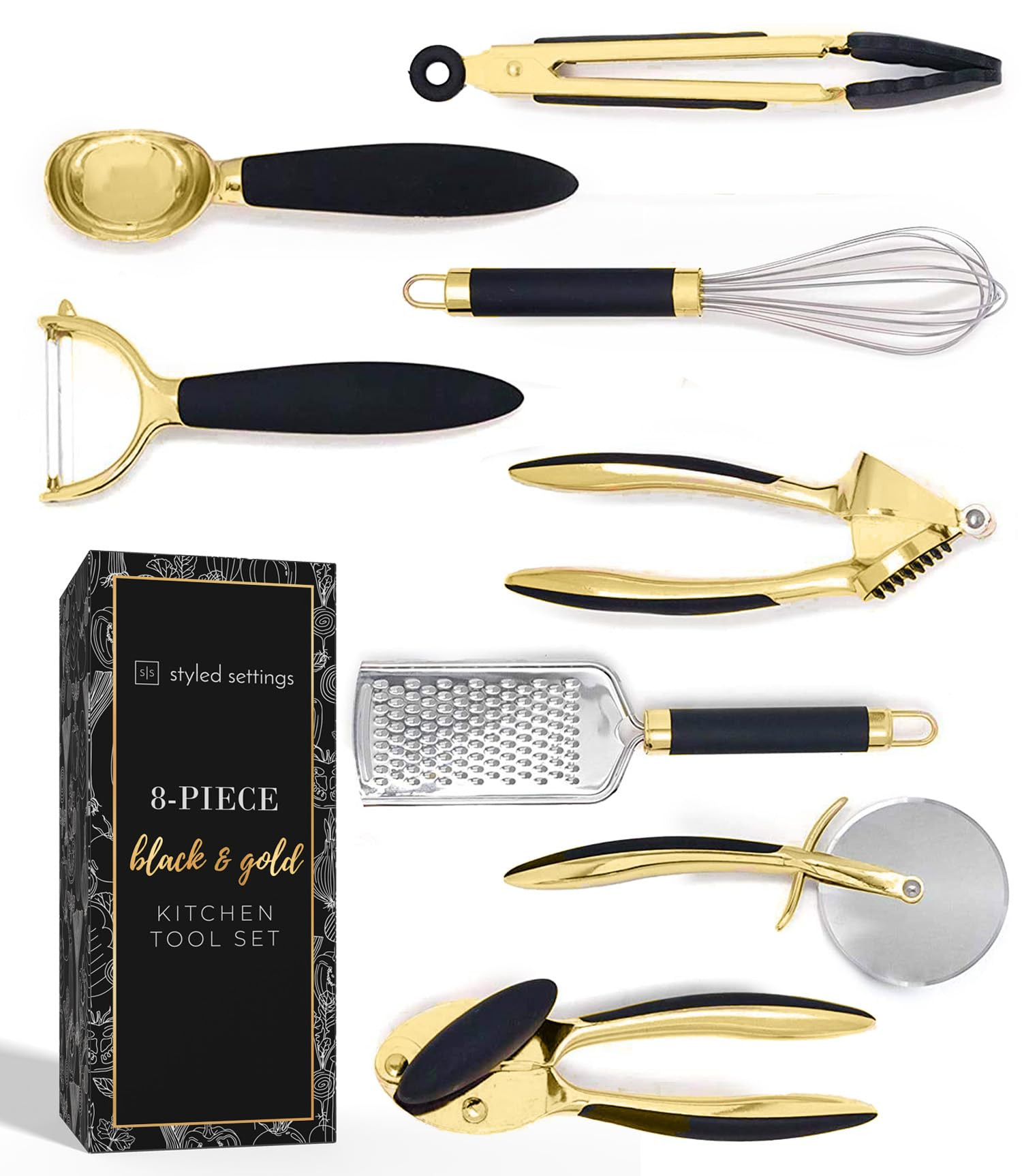 Black and Gold Kitchen Utensils - Luxe 8-Piece Gold Kitchen Tools Set with Can Opener, Pizza Cutt... | Amazon (US)