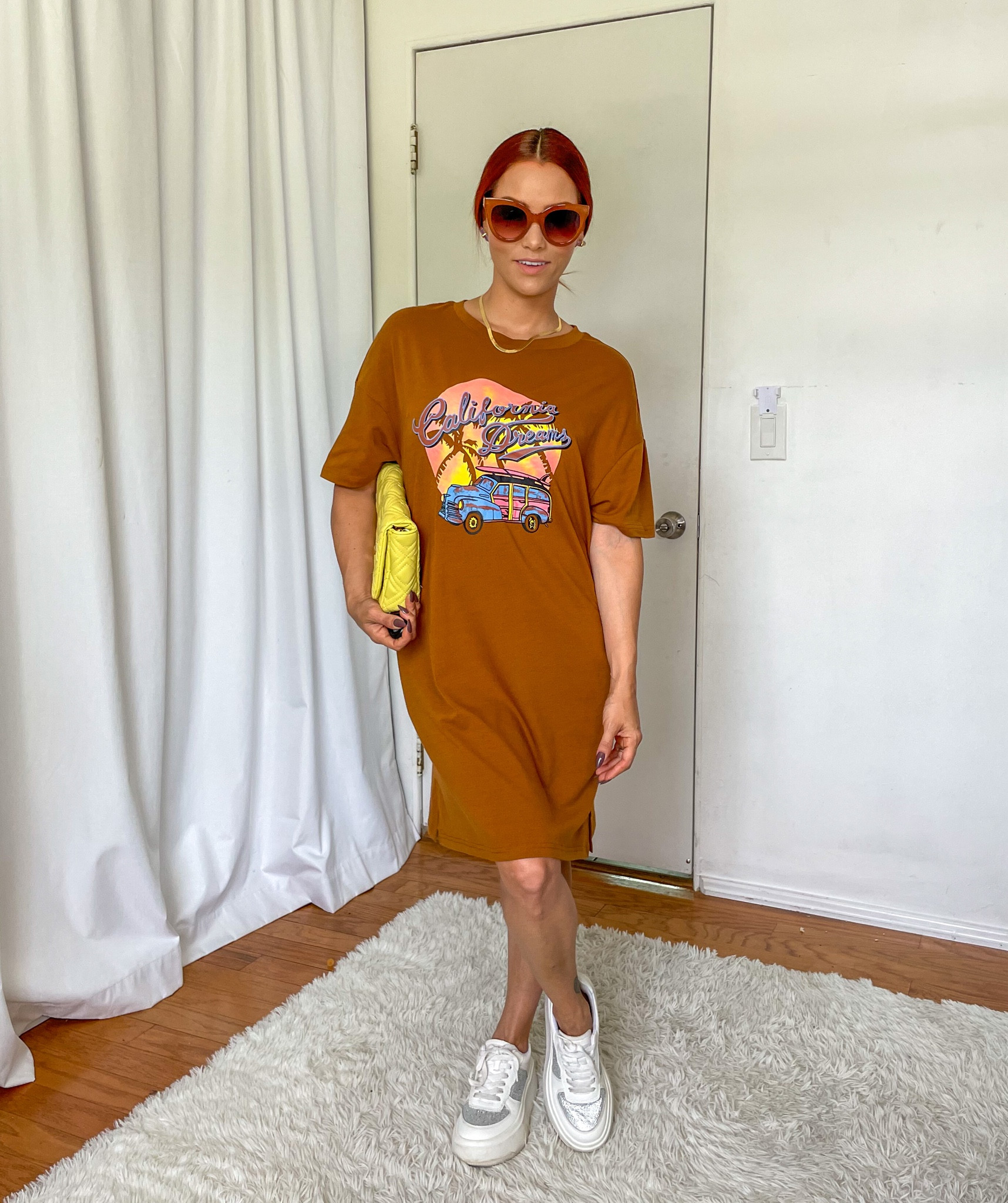 Summer t-shirt dress in size small. TTS. Summer outfit with brown t-shirt dress, white sneakers, yellow clutch #amazonfashion #summer

#LTKFindsUnder100 #LTKStyleTip #LTKFindsUnder50