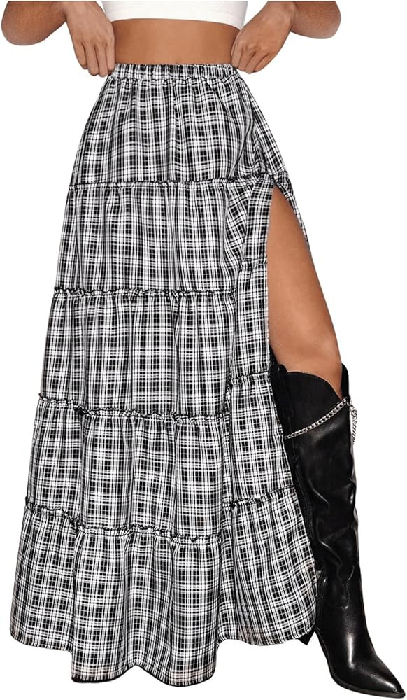 SHENHE Women's Plaid Maxi Skirt High Slit A Line Flowy Tiered Ruffle Y2k Vintage Long Skirt | Amazon (US)