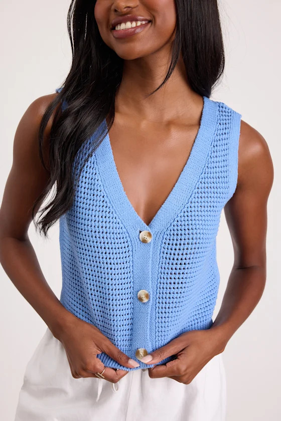 Aesthetic Ease Blue Pierced Knit Button-Front Cropped Tank Top | Lulus