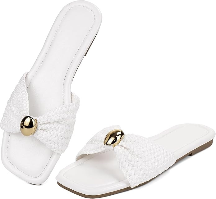 Merking Women's Flats Sandals Raffia Woven Knot Slide Sandal Square Open Toe Summer Casual Shoes ... | Amazon (US)