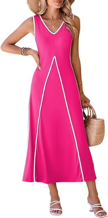 Pink Queen Women's Casual Loose Sundress Long Dress V Neck Sleeveless Backless Maxi Dresses Summe... | Amazon (US)