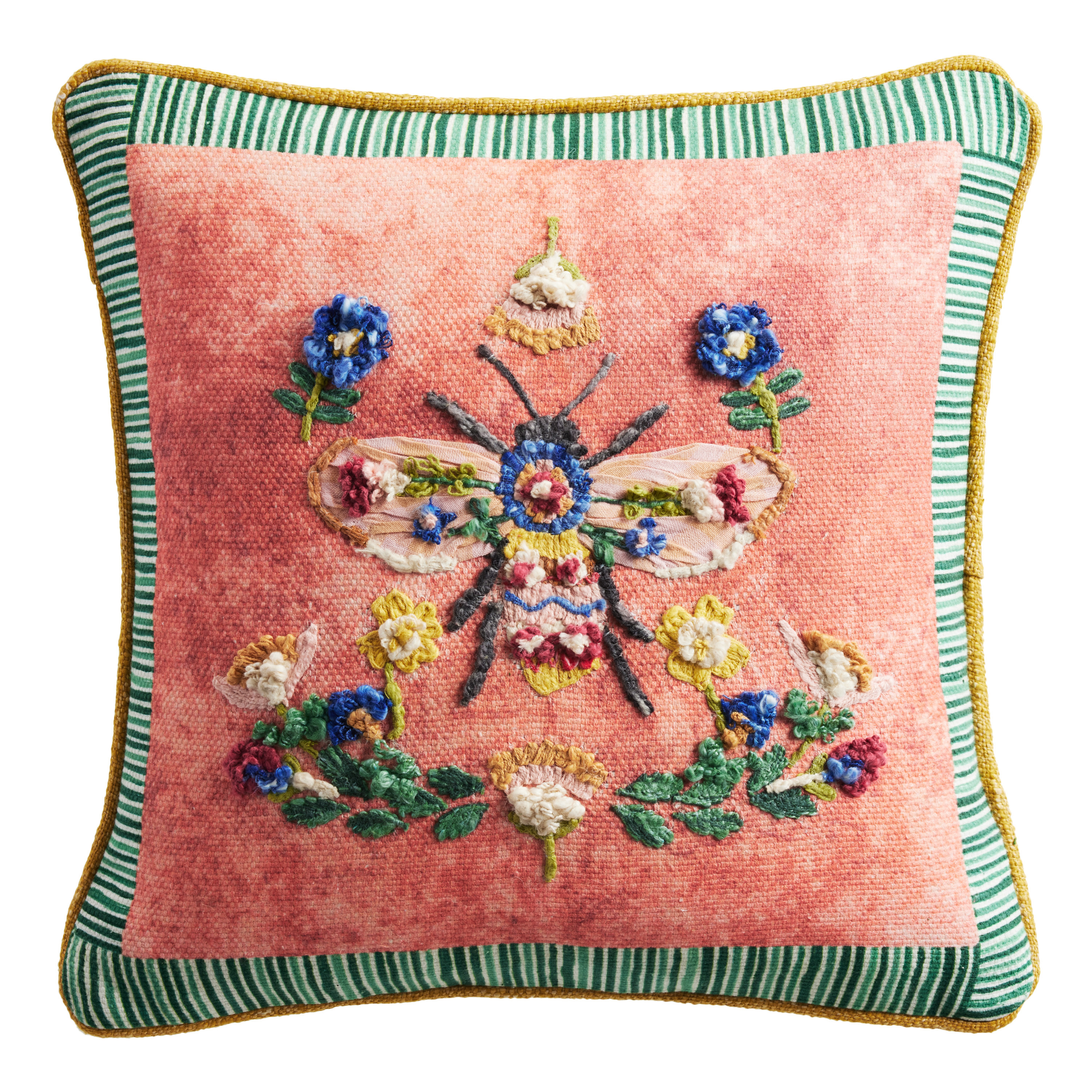 Coral Embroidered Floral Bee Throw Pillow | World Market