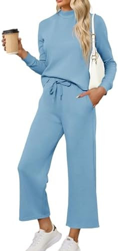 Tankaneo Womens 2 Piece Sets Mock Neck Long Sleeve Tops Wide Leg Pants Lounge Set Vacation Travel... | Amazon (US)