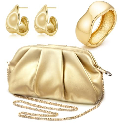 Landical 3Pcs Gold Clutch Purse Jewelry Set for Women Evening Bag Cuff Bracelet Earring Gold Accessories for Women Prom Party(Crossbody Bag) | Amazon (US)