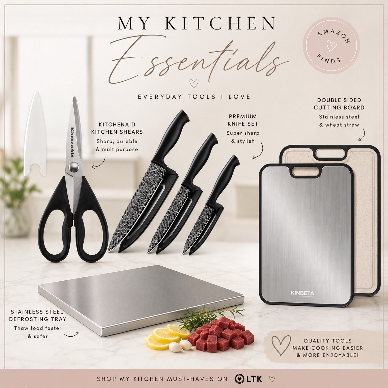 These are the kitchen tools I use the most and genuinely think are worth having in every home 🤍🍴

A good knife set, quality kitchen shears, a double-sided cutting board, and a stainless steel defrosting tray can make cooking faster, easier, and so much more enjoyable. I love finding practical items that look good, last long, and actually get used every day.

I linked all of these finds in my LTK so you can shop the exact products I’m loving right now ✨ Save this post for your next kitchen upgrade!

#LTKHome #LTKFinds #AmazonFinds #KitchenEssentials #KitchenMustHaves #HomeFavorites #CookingMadeEasy #KitchenTools #AmazonHome #HomeInspo #KitchenInspo #EverydayEssentials #LTKCreator #HomeFinds #KitchenOrganization

#LTKHome #LTKfoodie #LTKdayinmylife