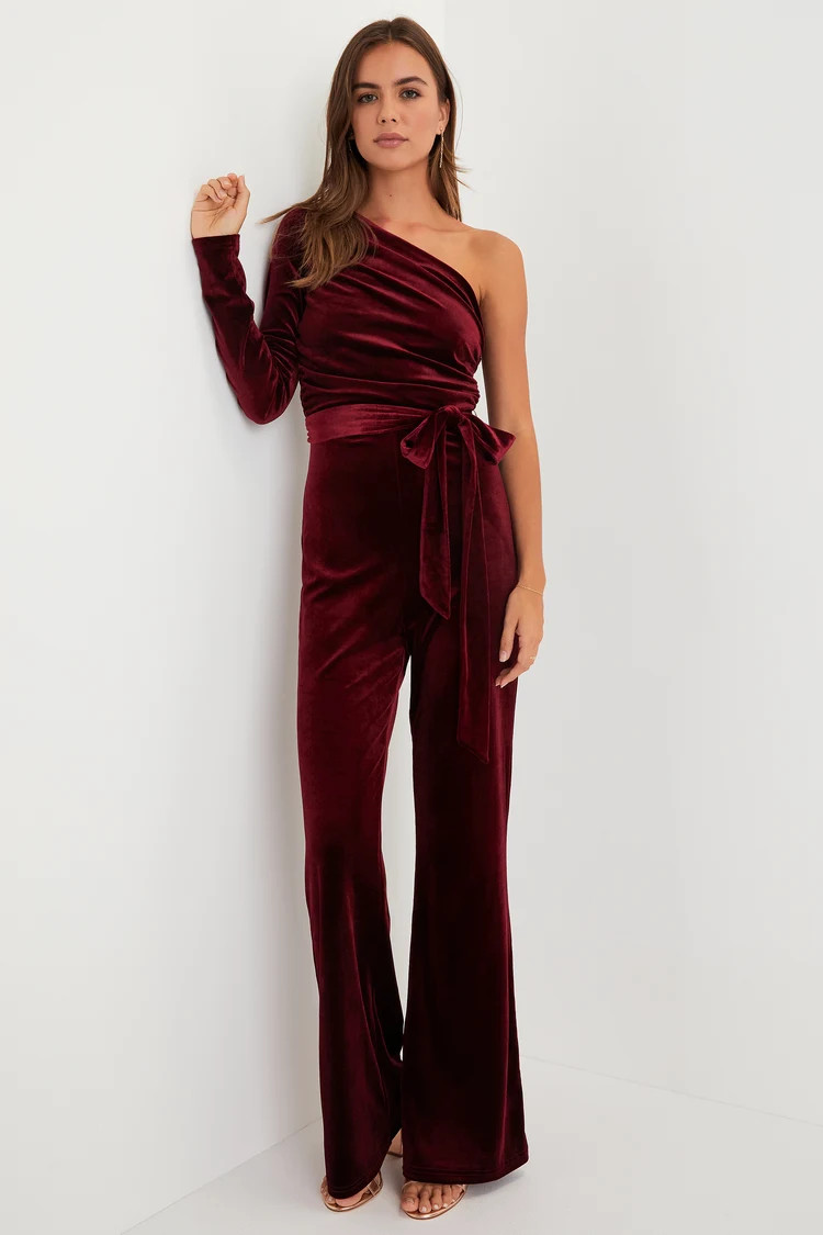Extraordinary Vibe Burgundy Velvet One-Shoulder Jumpsuit | Lulus