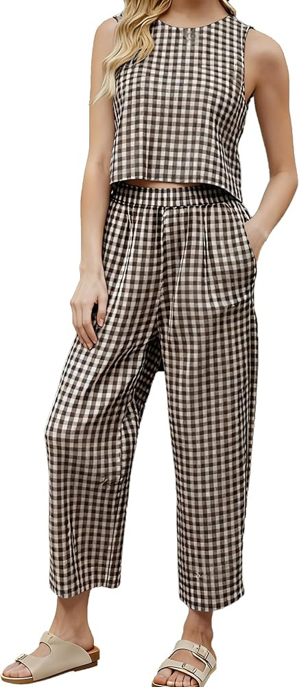 Plaid 2 Piece Sets for Women Summer Matching Wide Leg Crop Pants Outfit Casual Beach Lounge Set | Amazon (US)