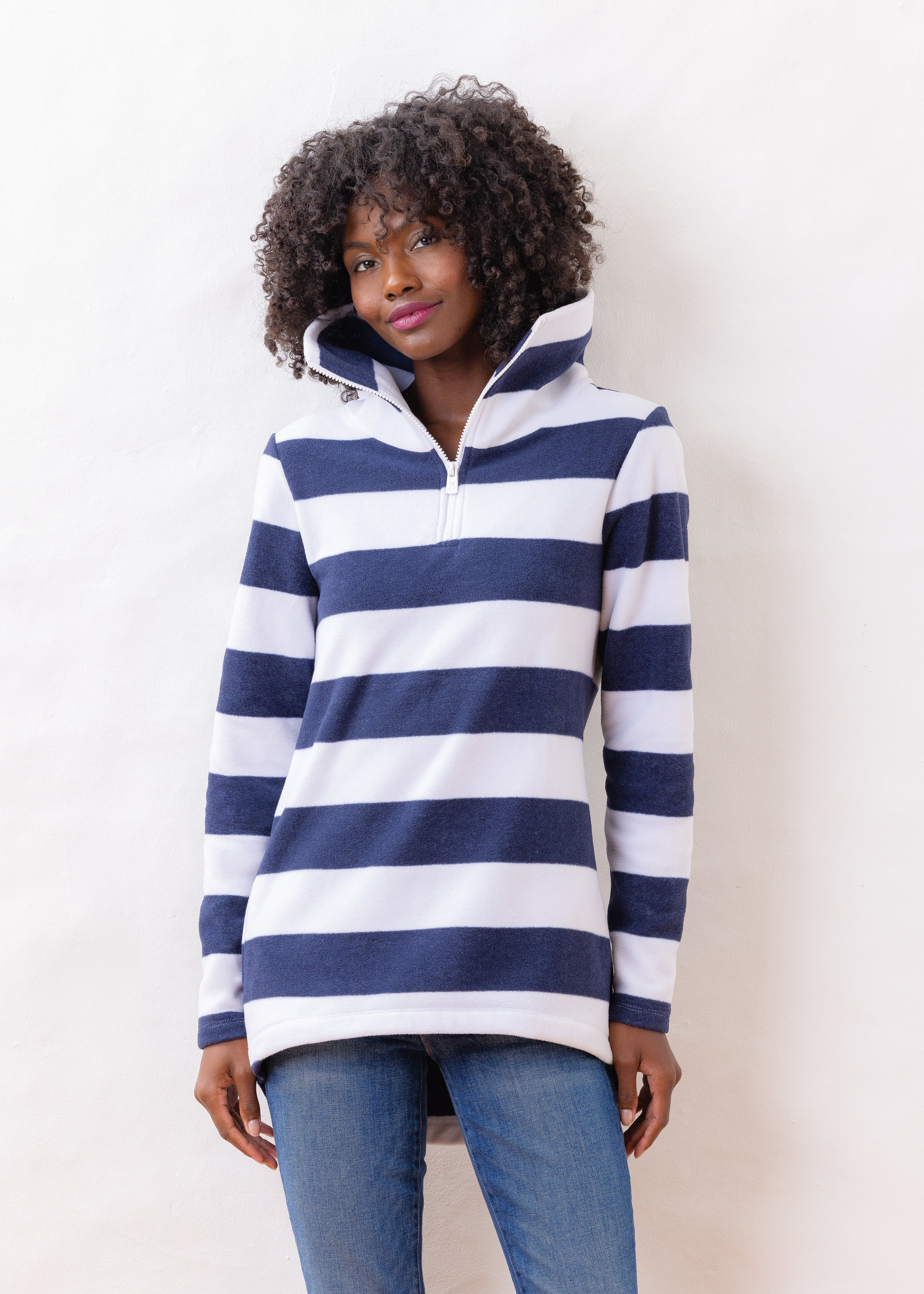 Prospect Pullover in Vello Fleece (Navy / White Wide Stripe) | Dudley Stephens