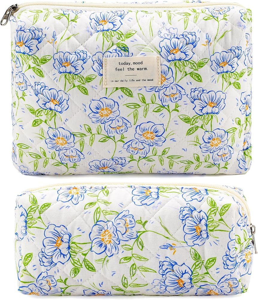Quilted Cotton Cosmetic Bag 2Pcs Coquette Makeup Bag Travel Makeup Bag for Women Large Makeup Pou... | Amazon (US)