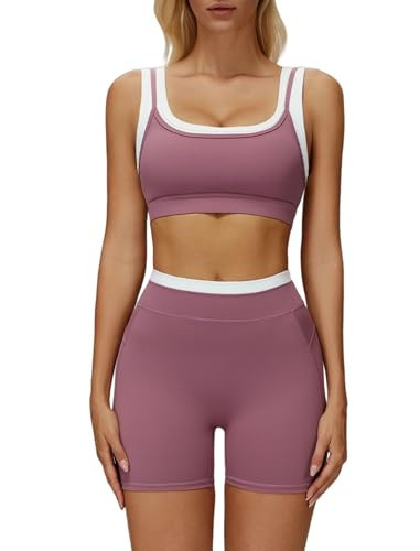 Two Piece Workout Sets for Women U Backless Crop Tank Sports Bra Matching High Waist Booty Lifting Biker Shorts 2 Piece Gym Yoga Active Wear Outfits Womens Athletic Work Out Set Color Block S Purple | Amazon (US)