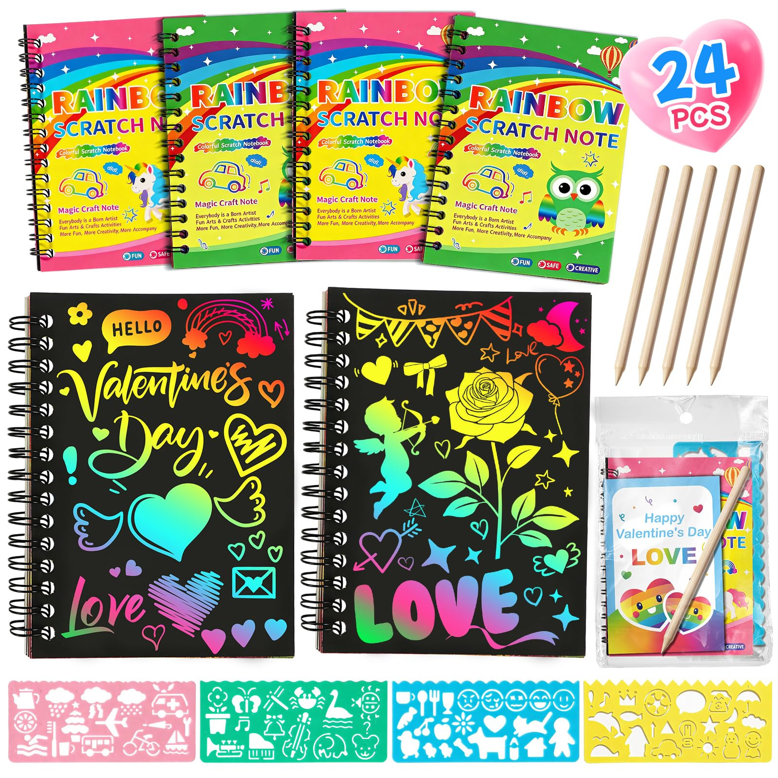 24 Pack Valentine’s Day Rainbow Scratch Art Notebooks Bulk with Cards for Kids DIY Art Craft Ki... | Amazon (US)