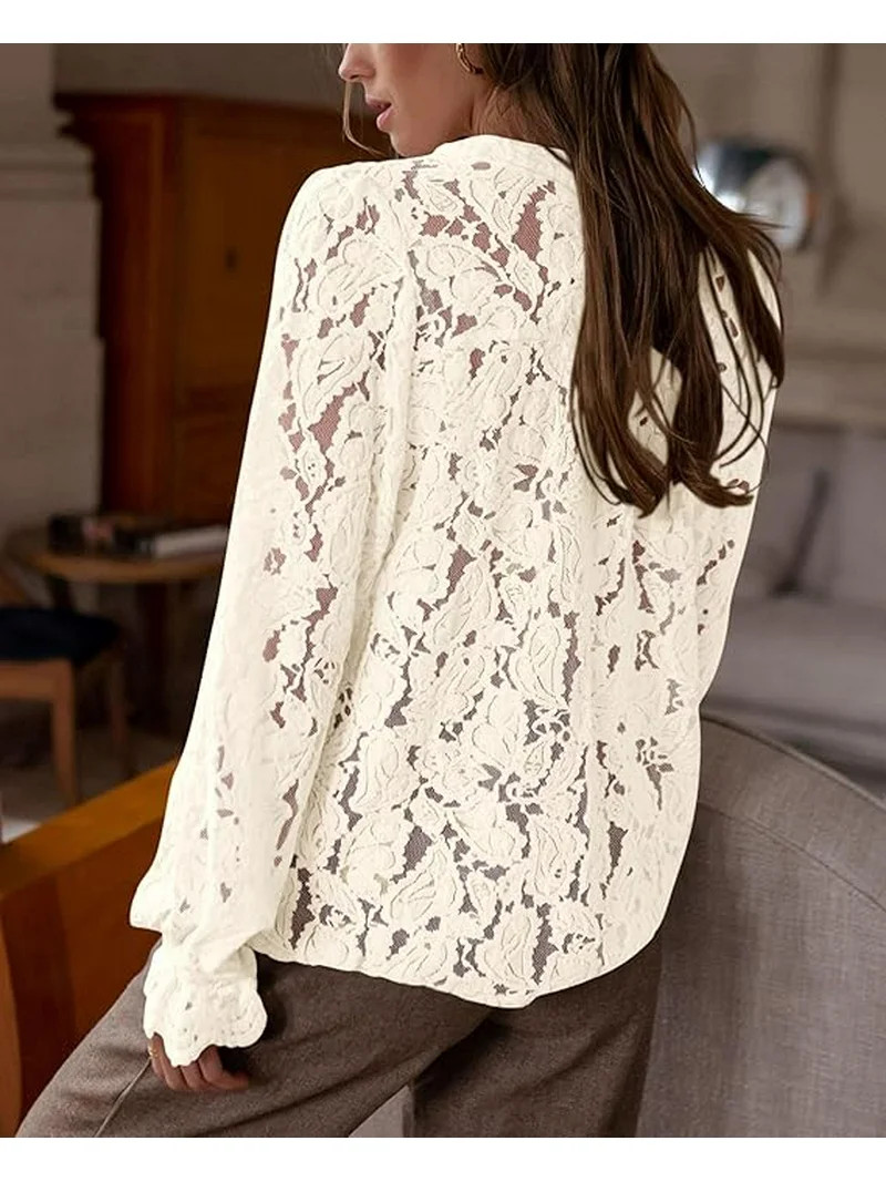 PRETTYGARDEN Women's Dressy Casual Lace Blouse Long Sleeve Button Up Shirts Tops Spring Fall Fash... | Walmart (US)