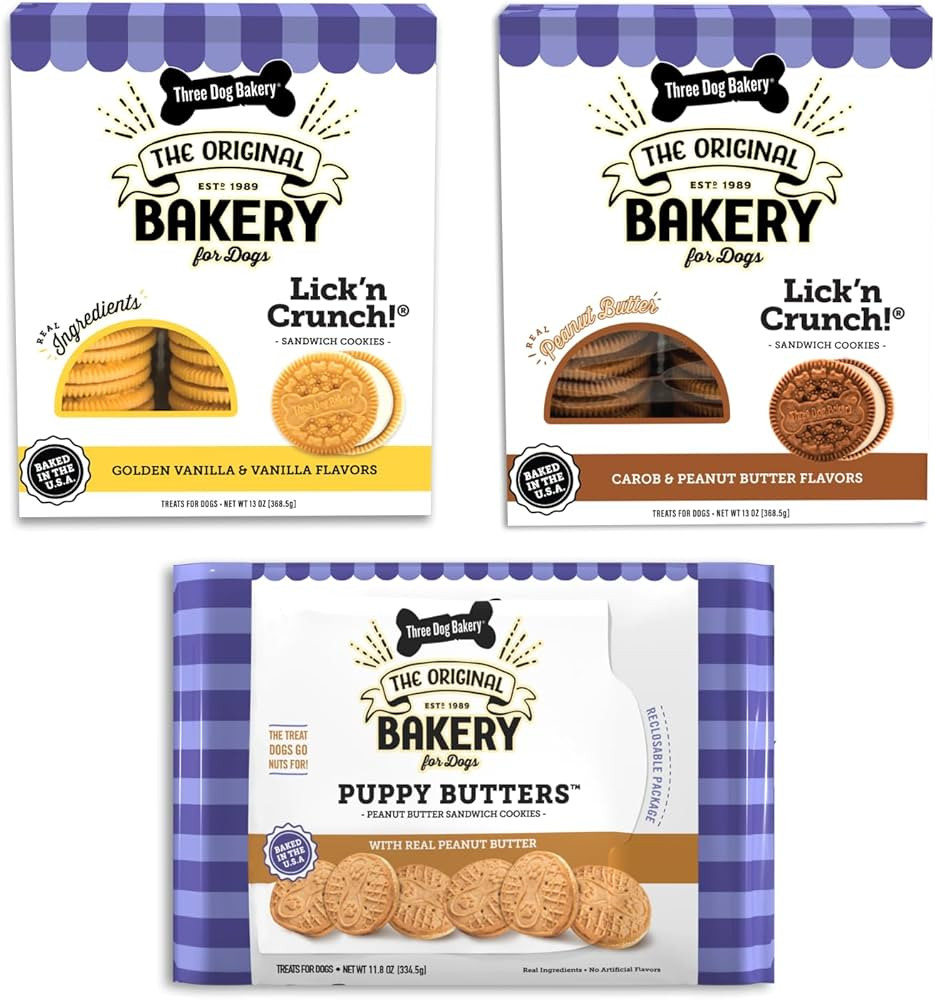 Three Dog Bakery Lick'n Crunch! Sandwich Cookies Variety Pack Premium Treats for Dogs, Carob/Pean... | Amazon (US)
