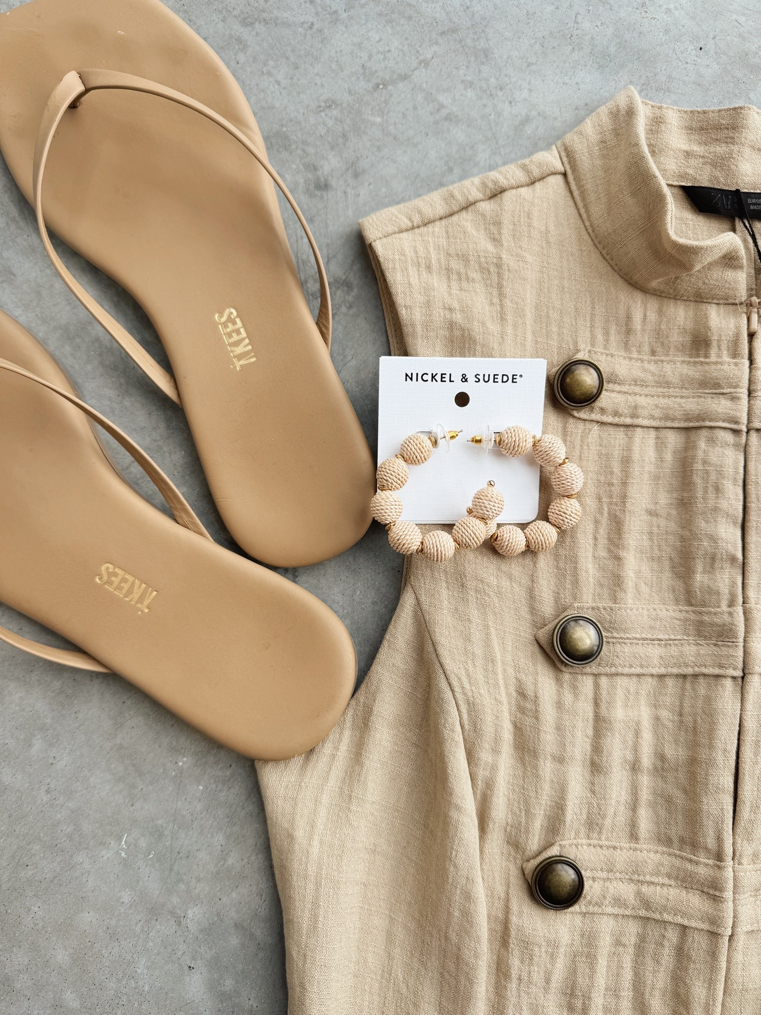 Loving this vest from @Zara - flip flops from Tkees and Raffia hoops @Nickel & Suede