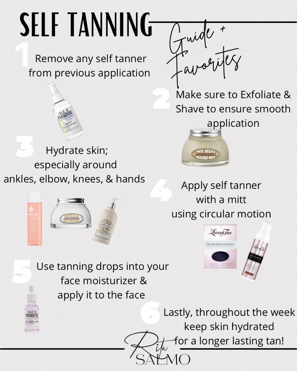My guide to a good self tanning routine. 
Self tanner || beauty products 

