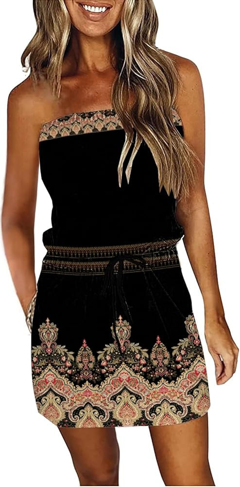 Summer Dress for Women Strapless Beach Cover Ups Boho Sundress Mini Dress Drawstring Waist with P... | Amazon (US)