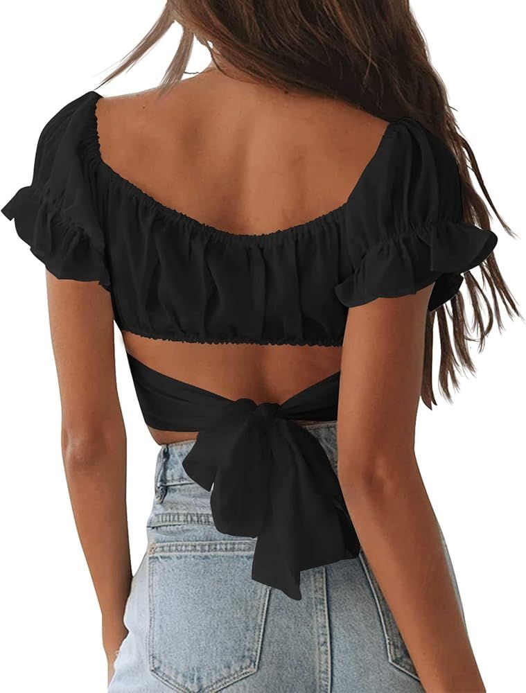 SimpleFun Women's Summer Ruffle Crop Top Short Sleeve Off Shoulder Blouse Tie Up Back | Amazon (US)