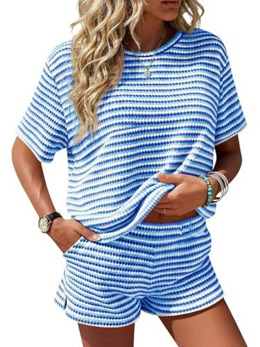 Fisoew Womens Striped 2 Piece Short Sets Casual Short Sleeve Outfits Shirts Tops Knit Workout Matching Lounge Sets | Amazon (US)