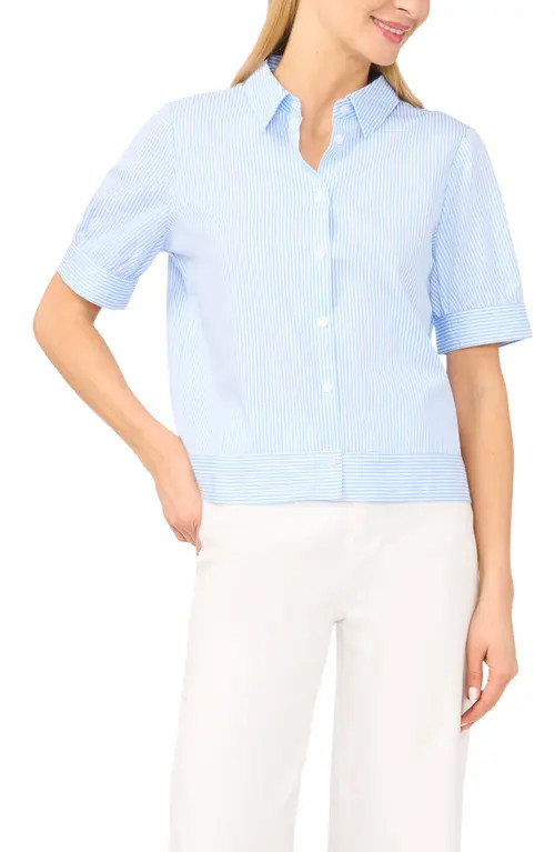 halogen(r) Stripe Puff Sleeve Button-Up Shirt in Airy Blue at Nordstrom, Size Small | Nordstrom