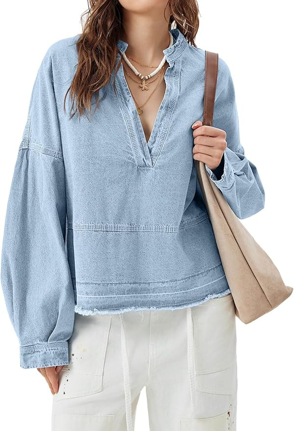 PLNOTME Womens Denim Tops Pullover Trendy Casual V Neck Loose Fit Puff Sleeve Jean Cotton Shirts | Amazon (US)