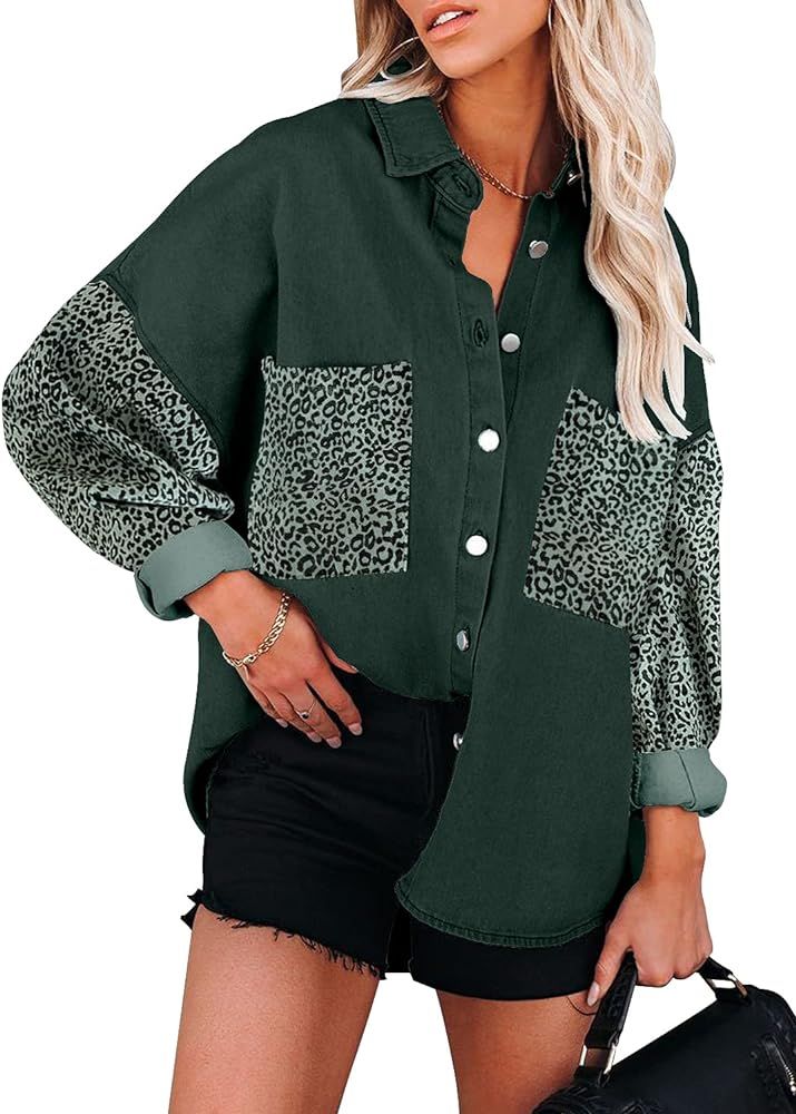 MIHOLL Womens Long Sleeve Button Down Casual Denim Lepard Print Shirt Jacket Tops | Amazon (US)