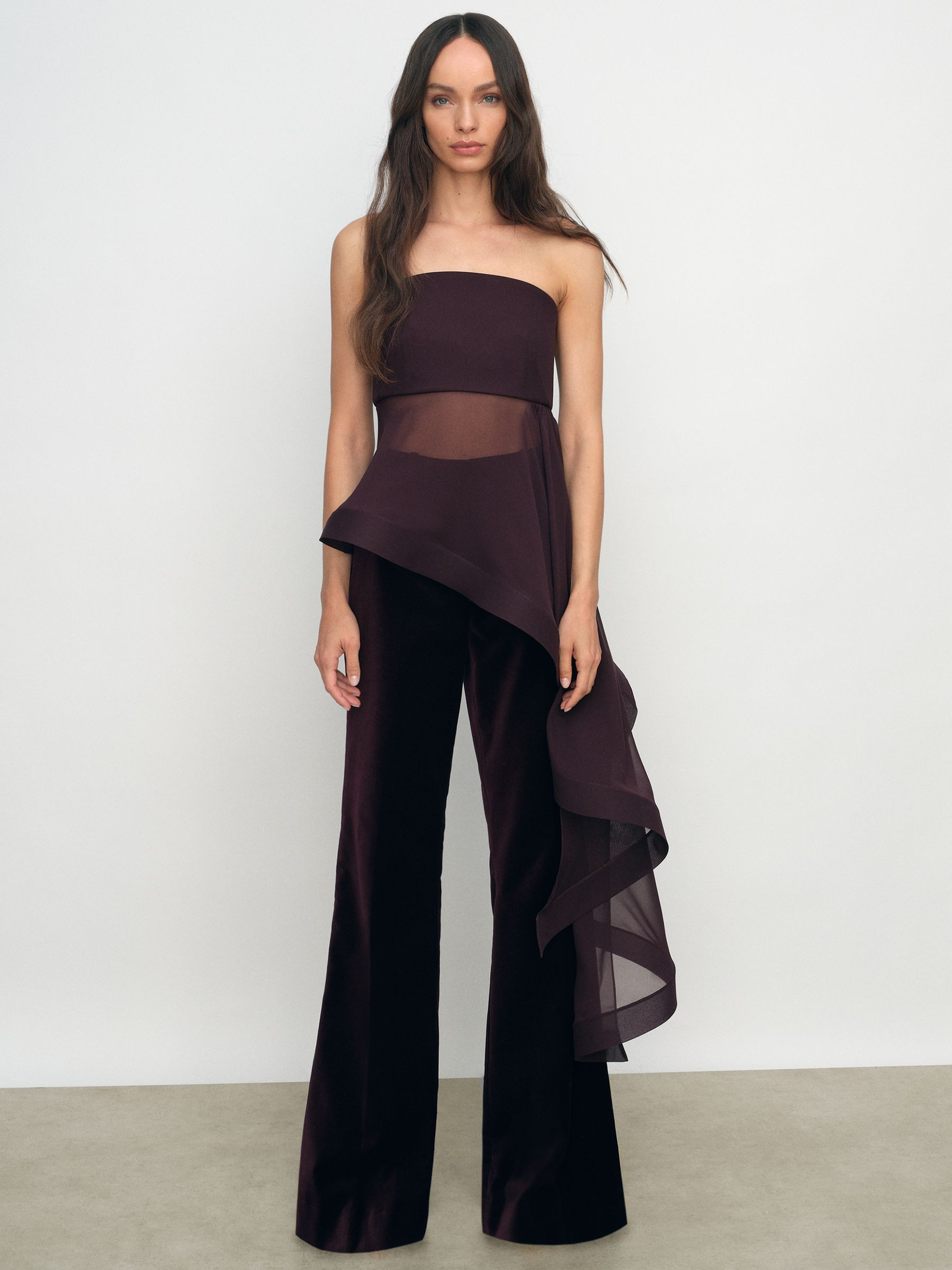 Reiss Silk Asymmetric-Ruffle Bandeau Top in Burgundy | REISS | Reiss US