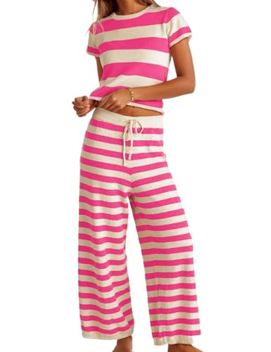 HOCANDY Womens Striped Knit Sets Two Piece Pants Set Short Sleeve Pullover Top And Wide Leg Pants Lounge Set Tracksuits | Amazon (US)
