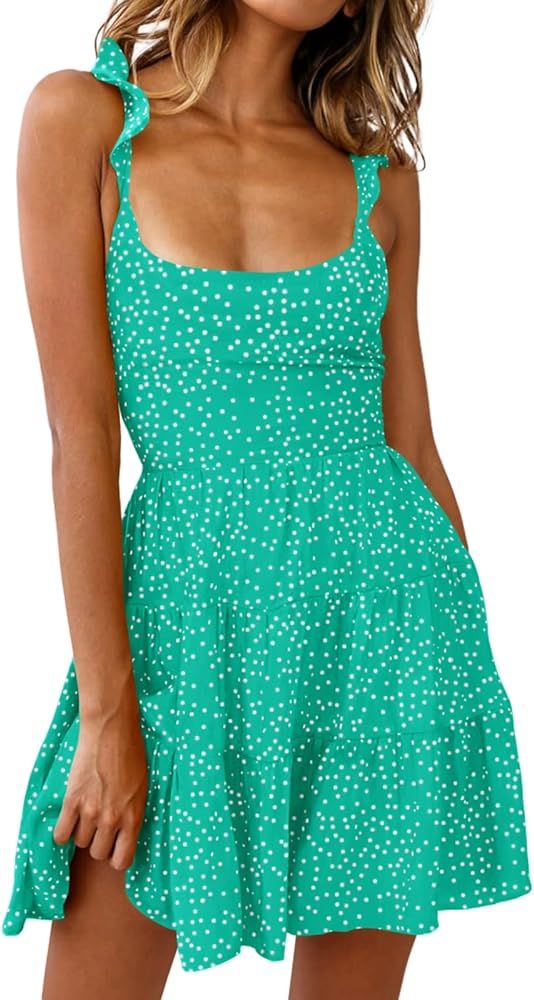 Teurkia Women's Summer Beach Dress Sleeveless Ruffled Scoop Neck Backless Polka Dot Strap Dresses | Amazon (US)