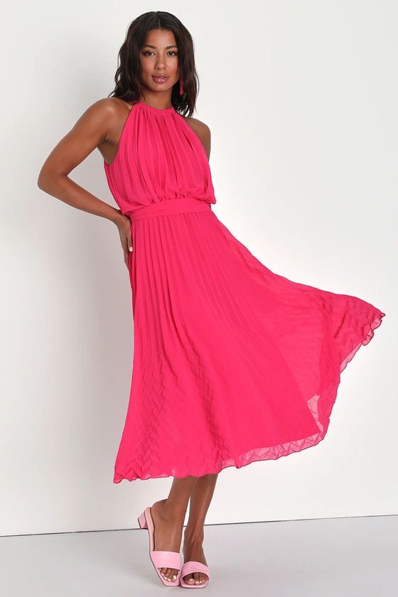 Gorgeous Day Hot Pink Pleated Halter Midi Dress | Lulus (US)