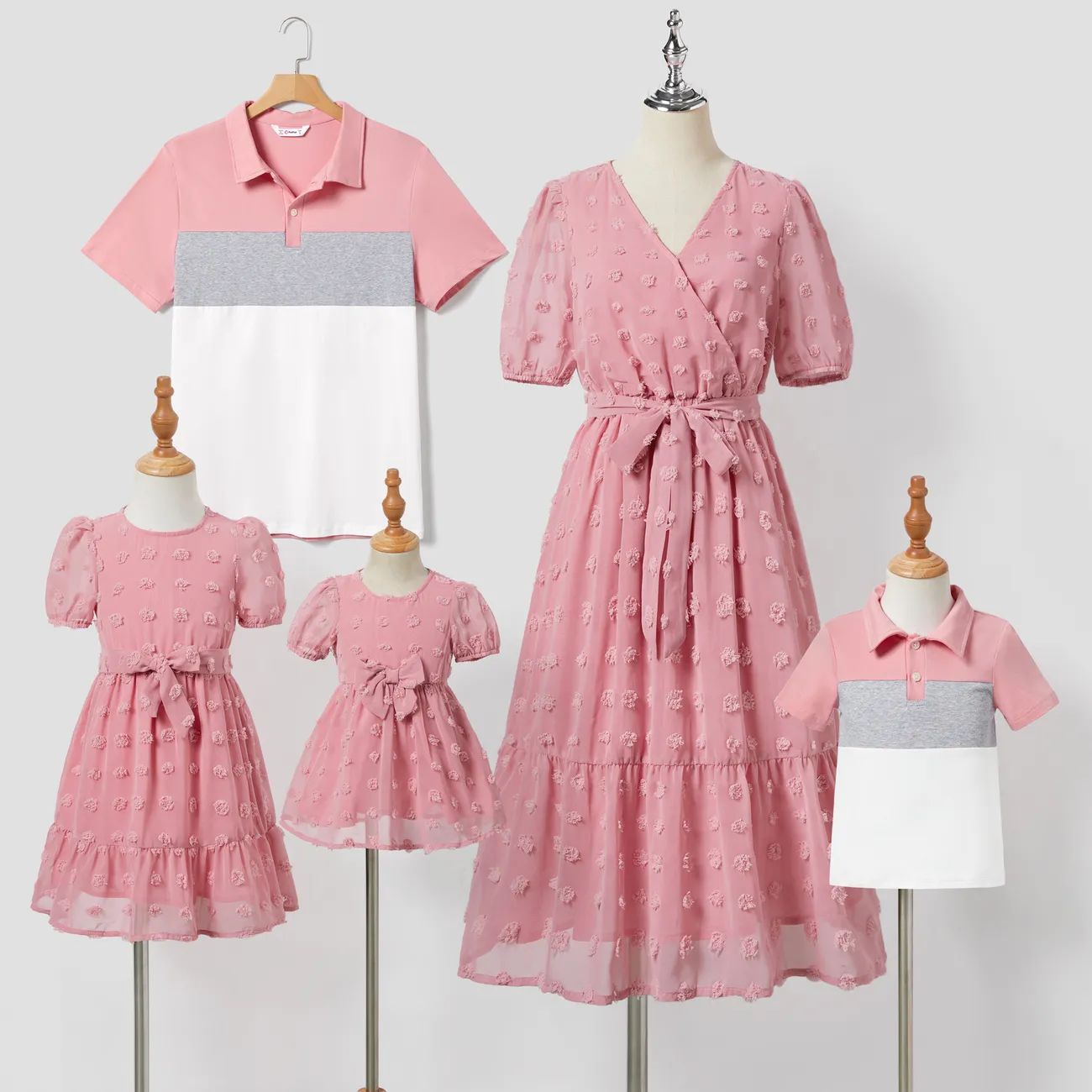 Family Matching Colorblock Shirt and Pink Swiss Dot Wrap Front Ruffled Hem Belted Dress Sets Only... | PatPat