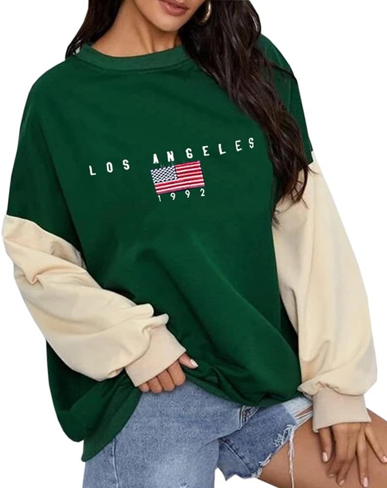 Hongqizo Womens Los Angeles California 1992 Oversized Sweatshirt Long Sleeve Drop Shoulder Colorb... | Amazon (US)