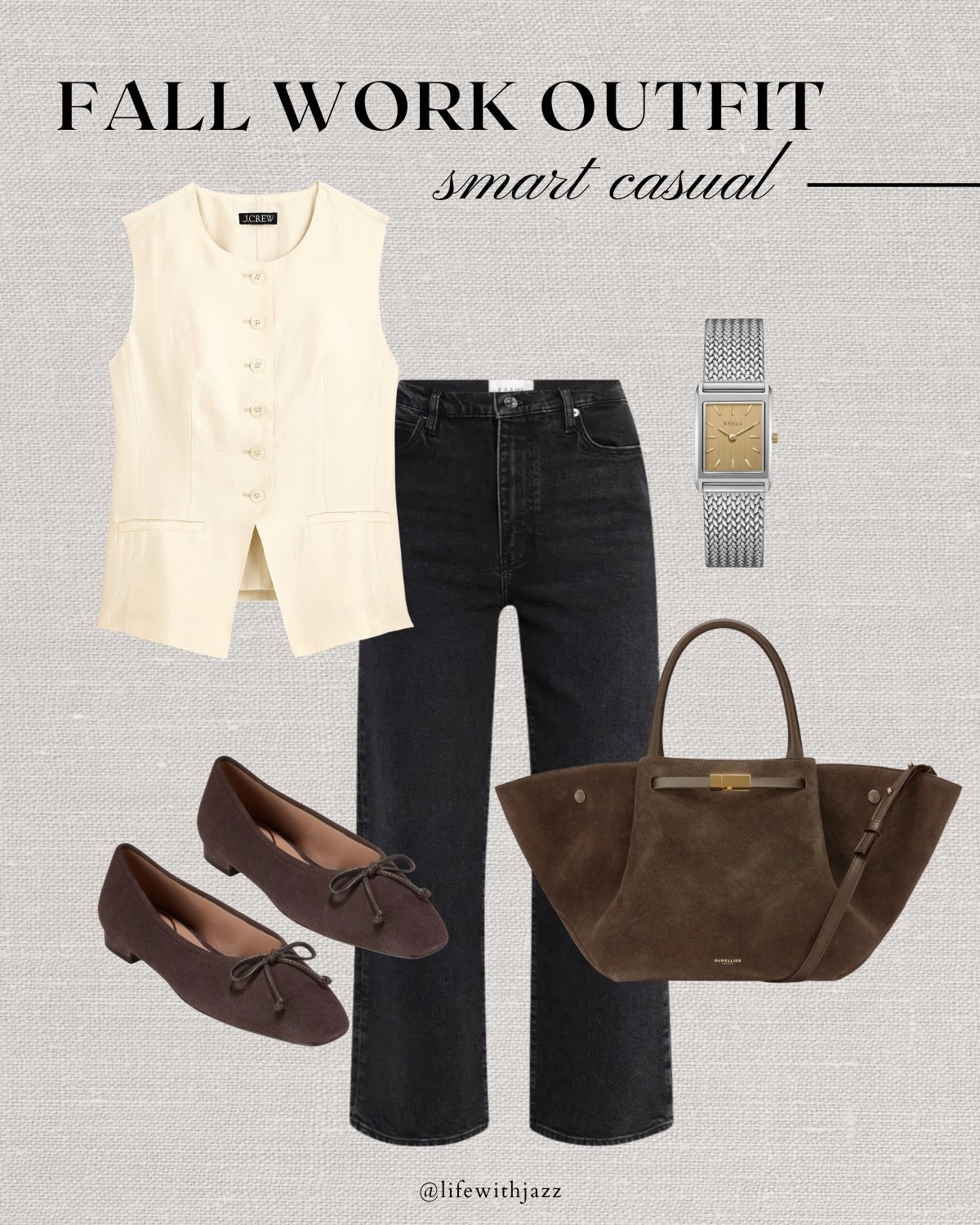 Fall work capsule outfit 

Fall capsule / office outfit / smart casual style/ satin vest / black ankle jeans / chocolate brown suede ballet flats / chocolate brown suede tote / Breda watch 

#LTKStyleTip #LTKWorkwear