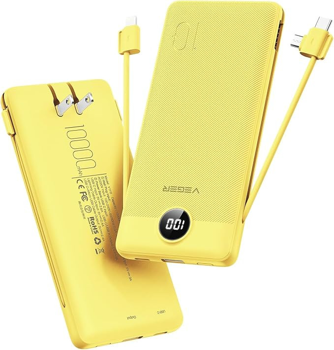 VEGER Portable Charger with Built-in AC Plug and Cables, All in One 10000mAh Ultra Slim Power Ban... | Amazon (US)