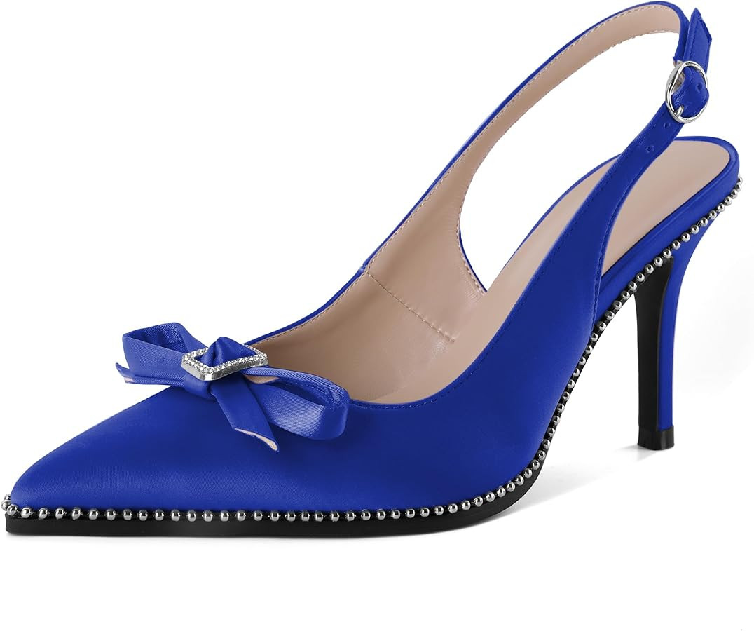 YODEKS Women's Slingback Heels Rhinestone Beaded Pointed Toe Stiletto High Heels Pumps 3.5 Inch S... | Amazon (US)
