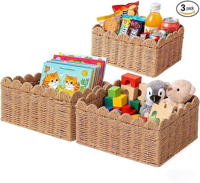 3 Pcs Wicker Baskets for Organizing,Scalloped Baskets, Hand-woven Wicker Storage Cubes, Paper Rop... | Amazon (US)