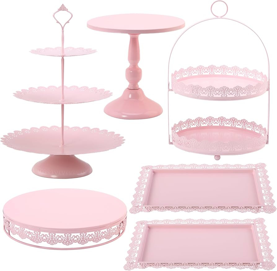 6 Pcs Pink Cake Stands Set, Cake Display Pedestal Tiered Cupcake Holder Dessert Plate Serving Tow... | Amazon (US)