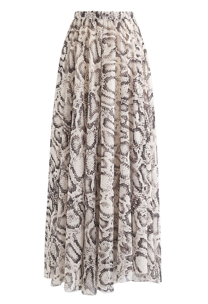 Snake Printed Asymmetric Chiffon Maxi Skirt | Chicwish