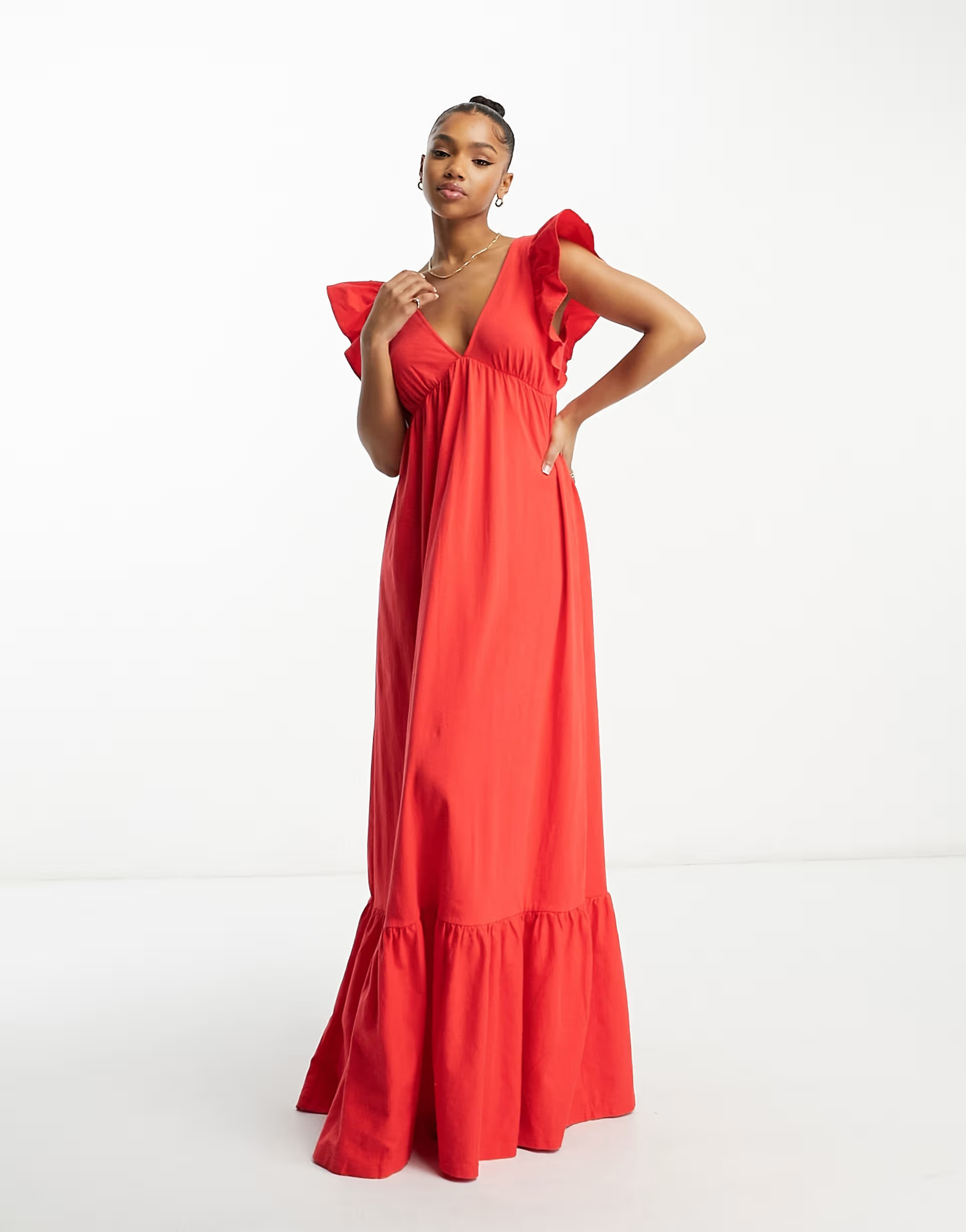 Miss Selfridge poplin sleeve smock maxi dress in red | ASOS (Global)