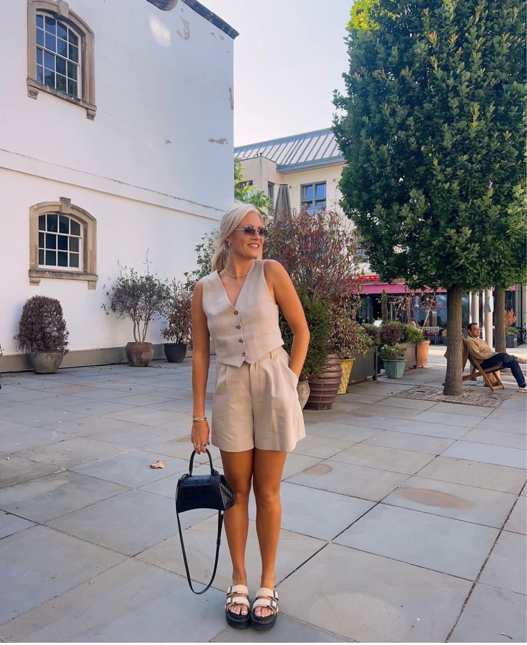 Set is old Zara but linked similar! Beige waistcoat set, summer style, summer fashion, outfit inspiration, Dr. Martens Sandals 