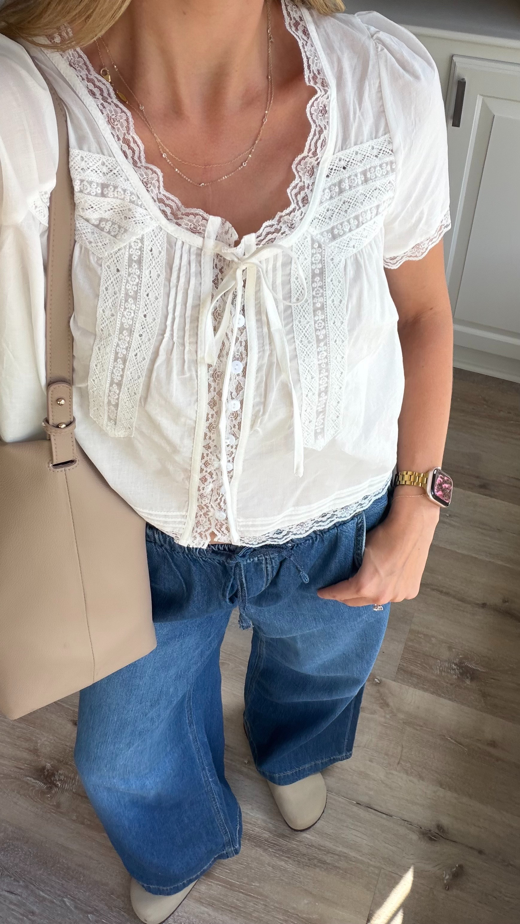 Cute, casual early fall outfit | size small in stretchy denim and lace top! 

 #LTKootd #LTKmomlife