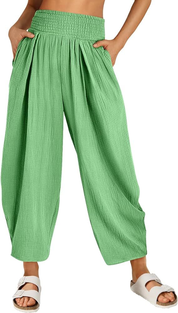 LILLUSORY Smocked Pants for Women Breathable Soft Harem Casual Pants with Pockets | Amazon (US)